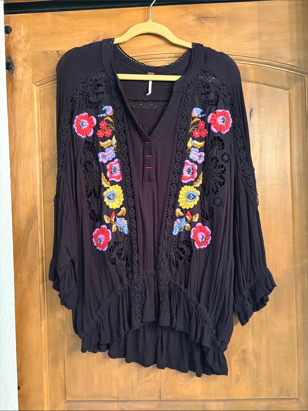 Free People Black Boho Embroidered Floral Tunic
